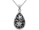 Filigree Sterling Silver Black Onyx Teardrop Dangle Pendant Necklace with Chain (18 Inches)