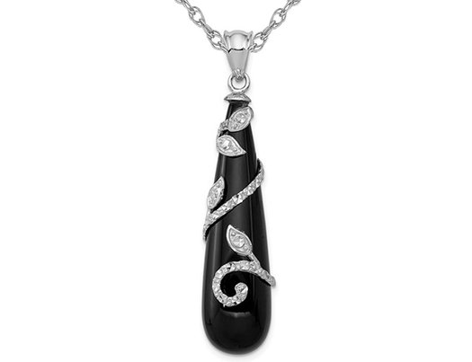 Floral Sterling Silver Black Onyx Teardrop Dangle Pendant Necklace with Chain (18 Inches)