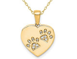 14K Yellow Gold Heart Paw Print Charm Pendant Necklace with Accent Diamonds and Chain