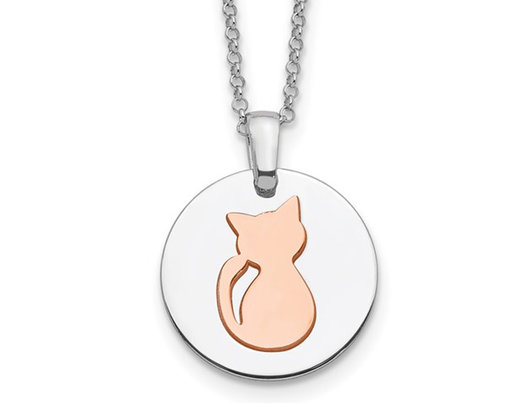 Sterling Silver Cat Disc Pendant Necklace with Rose Gold Plating 