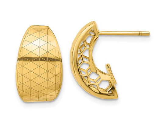 14K Yellow Gold Polished Design J-Hoop Earrings