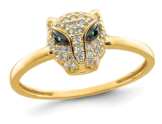 14K Yellow Gold Lioness Head with Green and White Cubic Zirconia