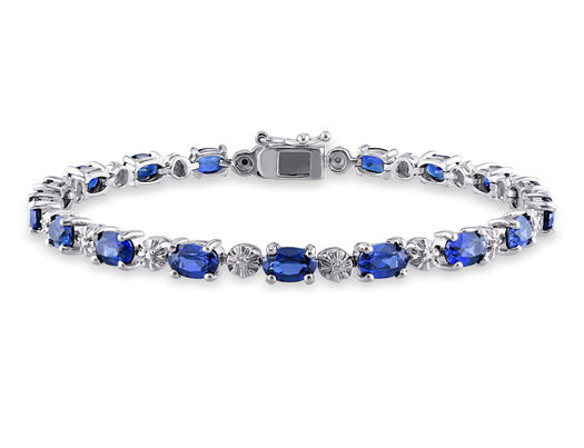 9.50 Carat (ctw) Lab-Created Blue Sapphire Bracelet in Sterling Silver with Accent Diamonds (7.25 Inches)