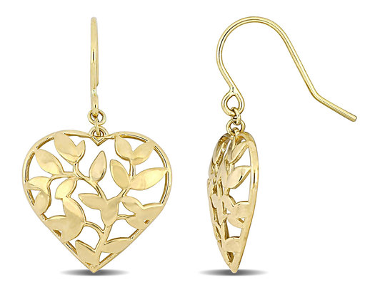 10K Yellow Gold Floral Heart Dangle Earrings
