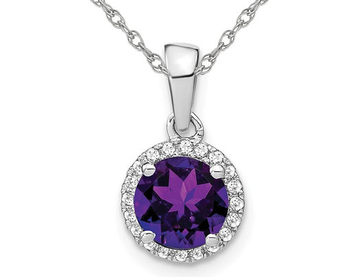 1.50 Carat (ctw) Amethyst Halo Pendant Necklace in 14K White Gold With Diamonds and Chain