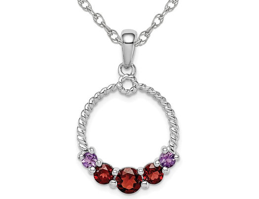1.40 Carat (ctw) Garnet and Amethyst Circle Pendant Necklace in Sterling Silver with Chain