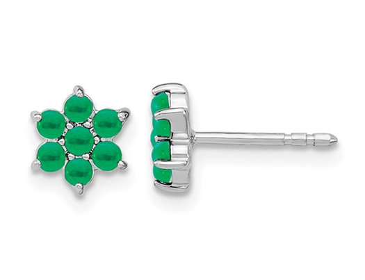 1.20 Carat (ctw) Emerald Flower Button Earrings in 14K White Gold