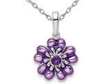 1/10 Carat (ctw) Amethyst and Enamel Flower Pendant Necklace in Sterling Silver with Chain