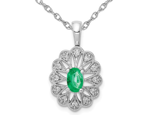 1/3 Carat (ctw) Emerald Pendant Necklace in 14K White Gold with Diamonds and Chain
