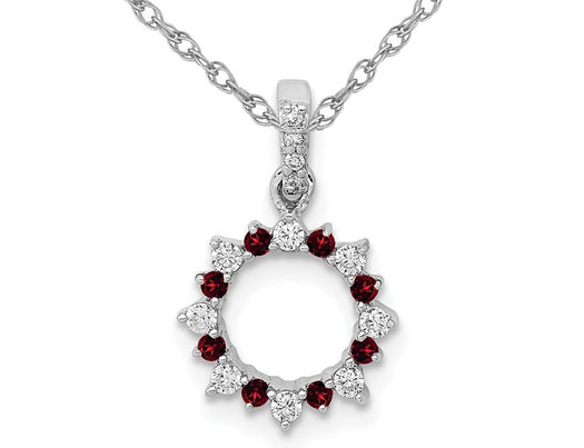 1/12 Carat (ctw) Garnet Circle Pendant Necklace in 14K White Gold with Diamonds