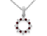 1/12 Carat (ctw) Garnet Circle Pendant Necklace in 14K White Gold with Diamonds