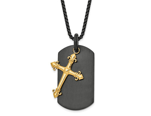 Mens Stainless Steel Black Dog Tag Cross Pendant Necklace with Chain (24 Inches)