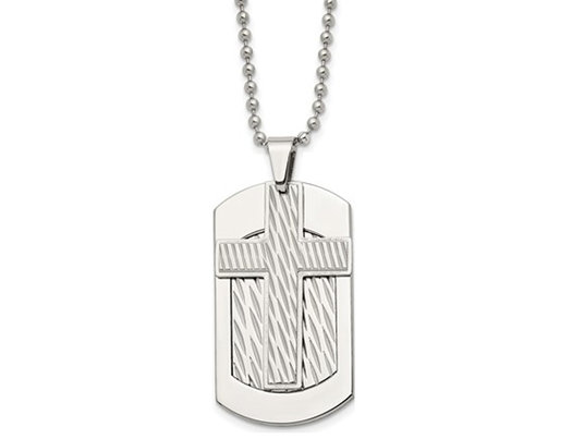 Mens Stainless Steel Cross Dogtag Pendant Necklace with Chain (24 Inches)