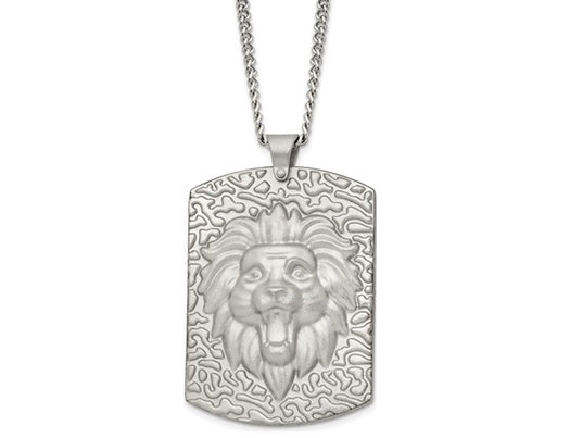 Mens Stainless Steel Lion Dogtag Pendant Necklace with Chain (24 Inches)