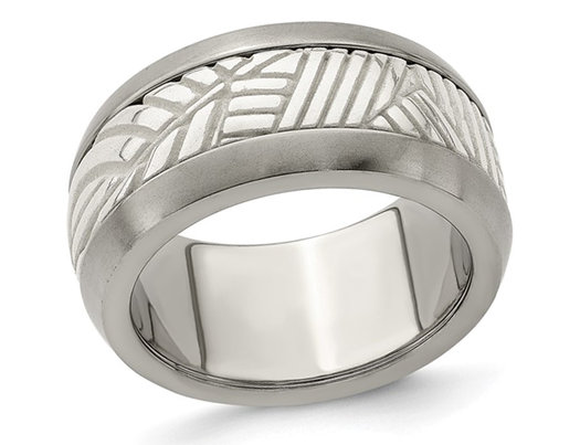 Men's Titanium and Sterling Silver 11mm Pattern Leaf Inlay Band Ring