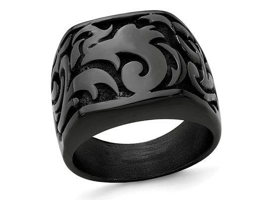 Men's Black Titanium Pattern Signet Ring