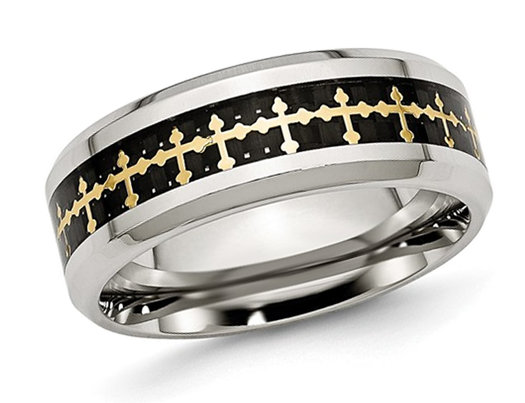 Men's Stainless Steel Carbon Fiber Inlay Cross Band Ring (8.00mm)