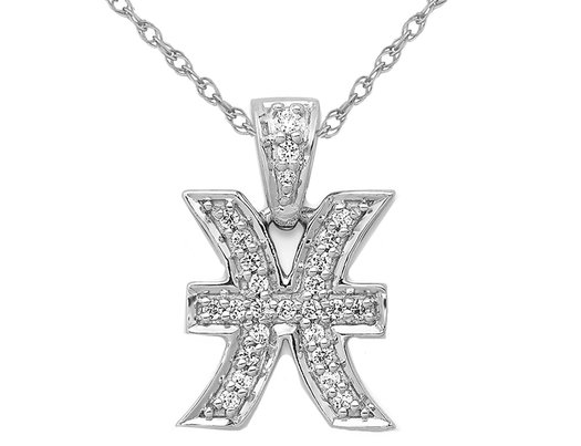 1/10 Carat (ctw) Diamond PISCES Charm Astrology Zodiac Pendant Necklace in 14K White Gold with Chain
