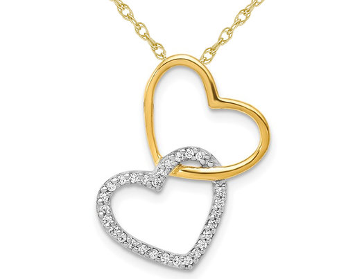 Double Heart Pendant Necklace in 14K Yellow and White Gold with Chain and Diamond Accent.