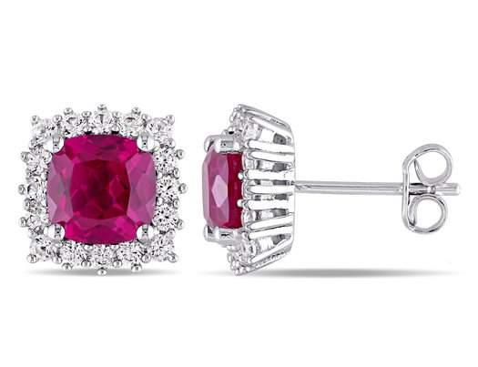 4.85 Carat (ctw) Lab-Created Ruby and White Sapphire Halo Earrings in Sterling Silver