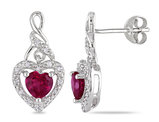 1.18 Carat (ctw) Lab Created Ruby Dangle Heart Earrings in Sterling Silver with Diamonds