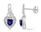 1.14 Carat (ctw) Lab Created Blue Sapphire Dangle Heart Earrings in Sterling Silver with Diamonds