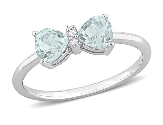 3/4 Carat (ctw) Aquamarine Heart Bow Ring in 10K White Gold