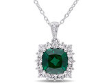 2.40 Carat (ctw) Lab-Created Emerald and White Sapphire Halo Pendant Necklace in Sterling Silver with Chain