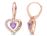 1.46 Carat (ctw) Amethyst & White Topaz - I Love You' - Heart Earrings in Rose Plated Silver