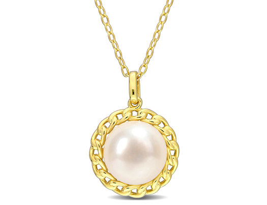 9mm White Freshwater Pearl Pendant Necklace in Yellow Plated Sterling Silver with Chain