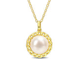 9mm White Freshwater Pearl Pendant Necklace in Yellow Plated Sterling Silver with Chain