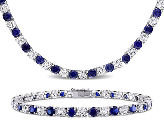 47 Carat (ctw) Lab-Created Blue and White Sapphire Bracelet Necklace Set in Sterling Silver