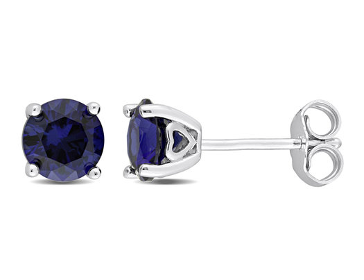 2.00 Carat (ctw) Lab-Created Blue Sapphire Round Ruby Solitaire Earrings in Sterling Silver (6mm)
