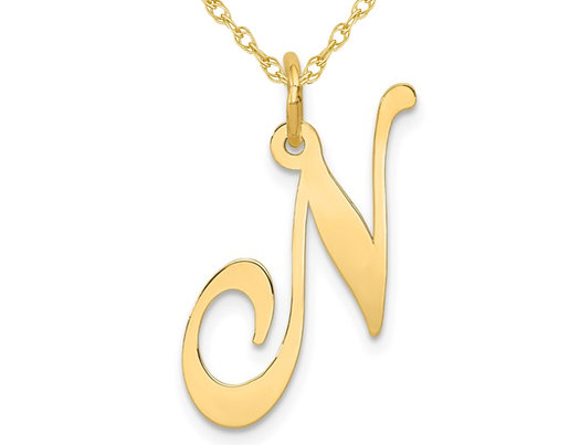 10K Yellow Gold Fancy Script Initial -N- Pendant Necklace Charm with Chain