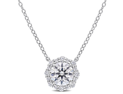 1.50 Carat (ctw) Lab-Created Moissanite Halo Pendant Necklace in Sterling Silver with Chain