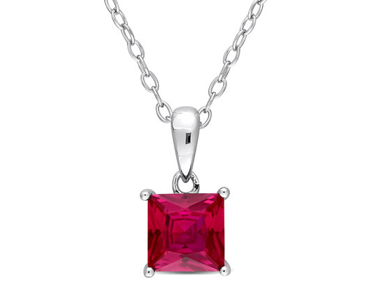 1.45 Carat (ctw) Princess-Cut Lab-Created Ruby Solitaire Pendant Necklace in Sterling Silver with Chain