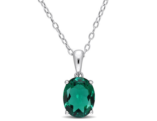 1.60 Carat (ctw) Lab-Created Emerald Solitaire Oval Pendant Necklace in Sterling Silver with Chain