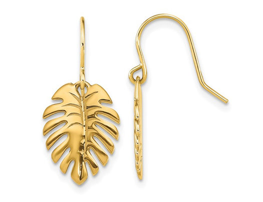 14K Yellow Gold Palm Leaf Dangle Earrings