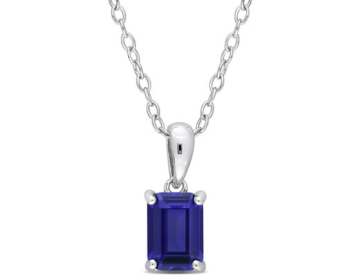 1.50 Carat (ctw) Lab Created Blue Sapphire Emerald-Cut Pendant Necklace in Sterling Silver with Chain