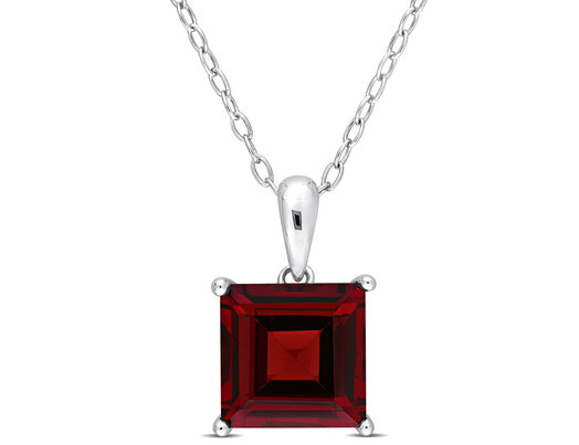 3.10 Carat (ctw) Princess-Cut Garnet Solitaire Pendant Necklace in Sterling Silver with Chain