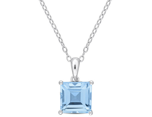 3.00 Carat (ctw) Princess-Cut Blue Topaz Solitaire Pendant Necklace in Sterling Silver with Chain