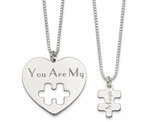 Sterling Silver Heart Puzzle Two Pendant Necklace Charm Set