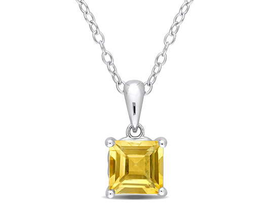 1.05 Carat (ctw) Princess-Cut Citrine Solitaire Pendant Necklace in Sterling Silver with Chain