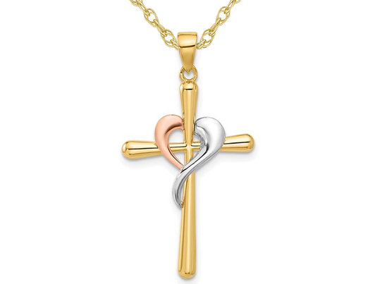 14K Yellow Gold Cross Heart Charm Pendant Necklace with Chain