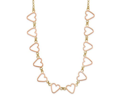 14K Yellow Gold Cable with Open Flat Hearts Necklace (16 Inches)