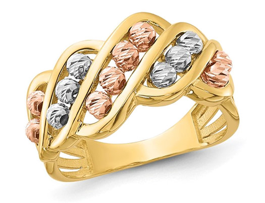 14K Yellow, White, and Rose Gold Diamond-cut Beads Ring