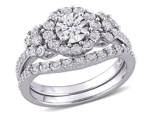 1/2 Carat (ctw) Diamond Engagement Bridal Ring & Wedding Band Set in Sterling Silver