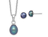 Black Freshwater Button Pearl Pendant with Matching Earrings in Sterling Silver (17 Inch Chain)