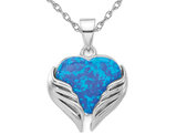 Lab-Created Blue Opal Heart with Wings Pendant Necklace in Sterling Silver with Chain