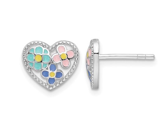 Sterling Silver Beaded Multi-color Enameled Floral Heart Children's Post Earrings